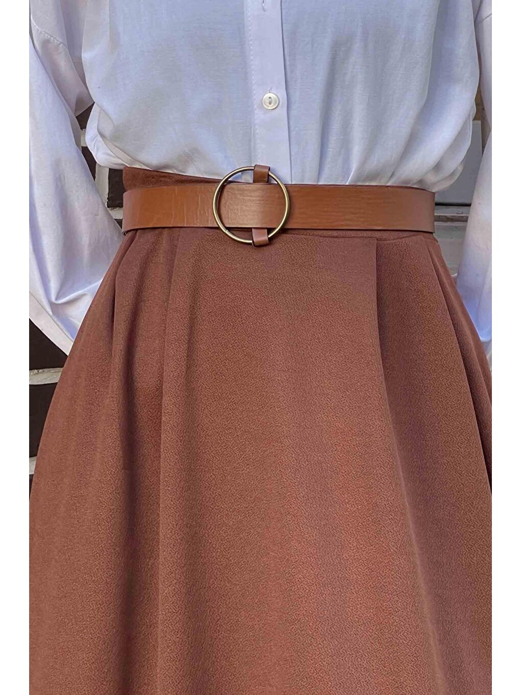 Önü Pileli Scuba Kumaş Kahverengi-2