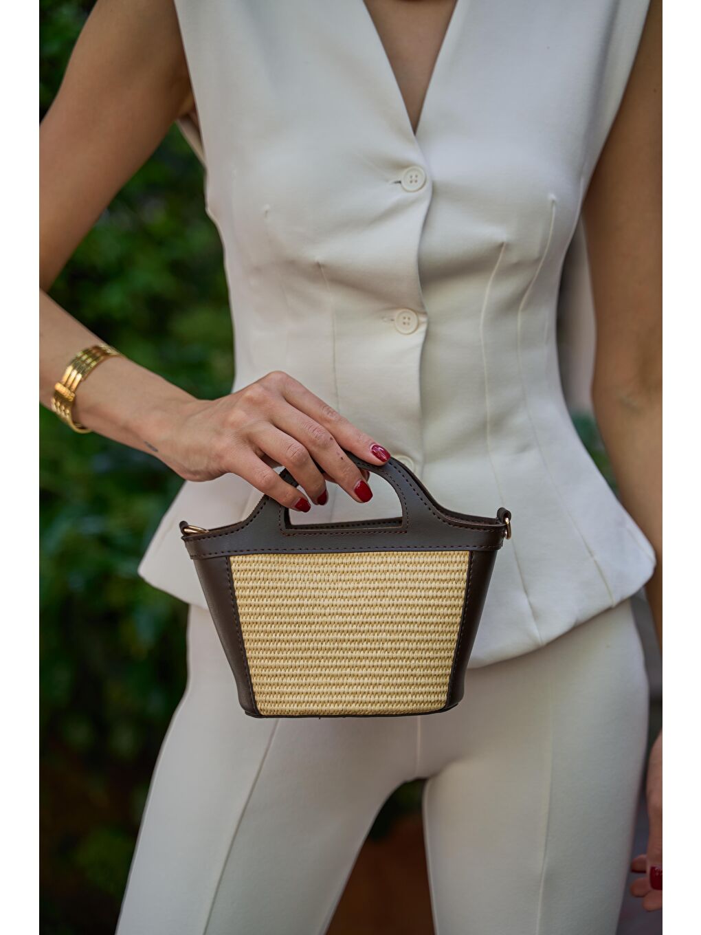 Mini Hasır Detaylı Çapraz Çanta Kahverengi Hasır-1