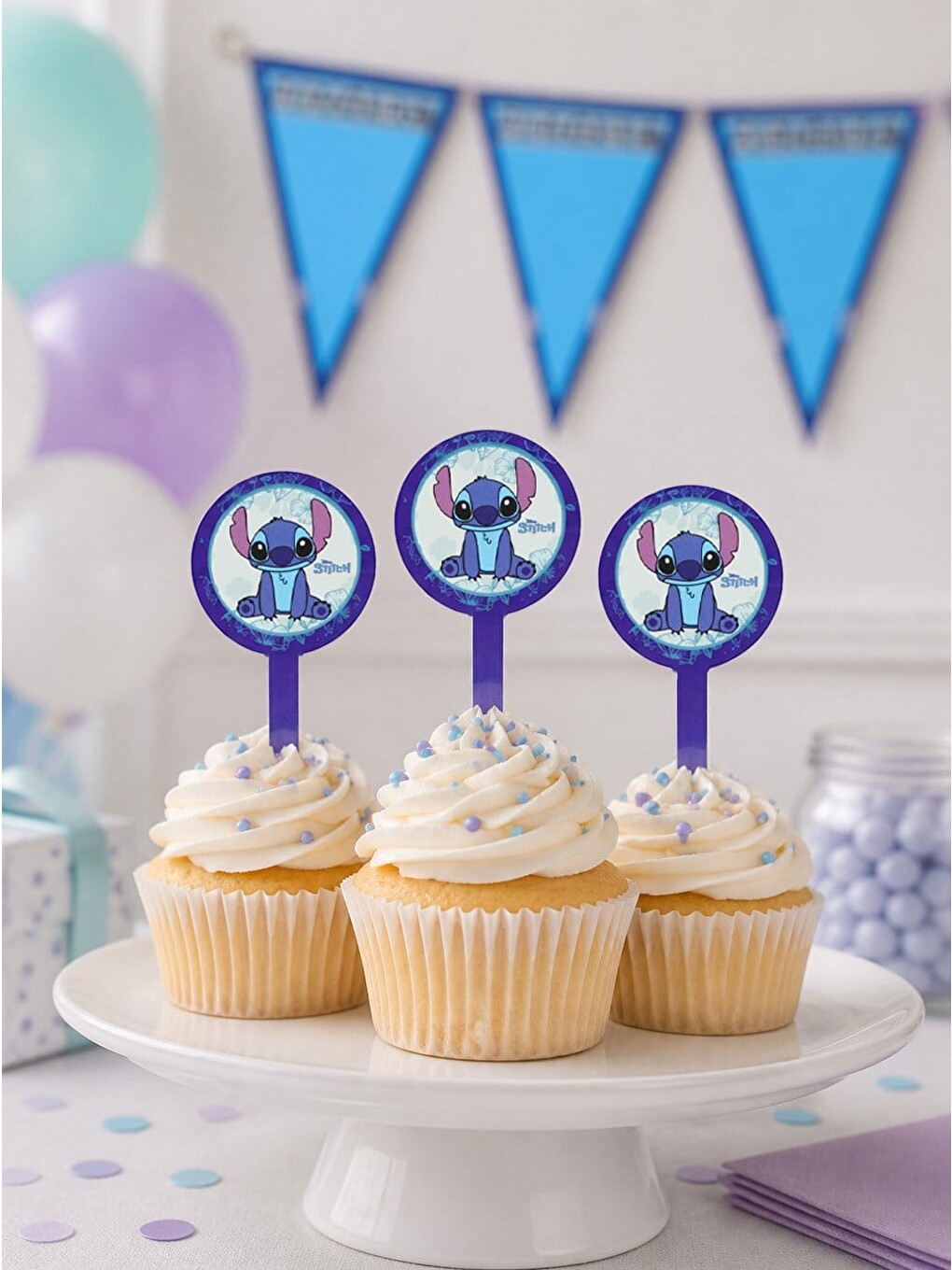 Mavi Stiich Temalı Kağıt Kürdan Figürlü Cupcake Kürdanı 10'lu