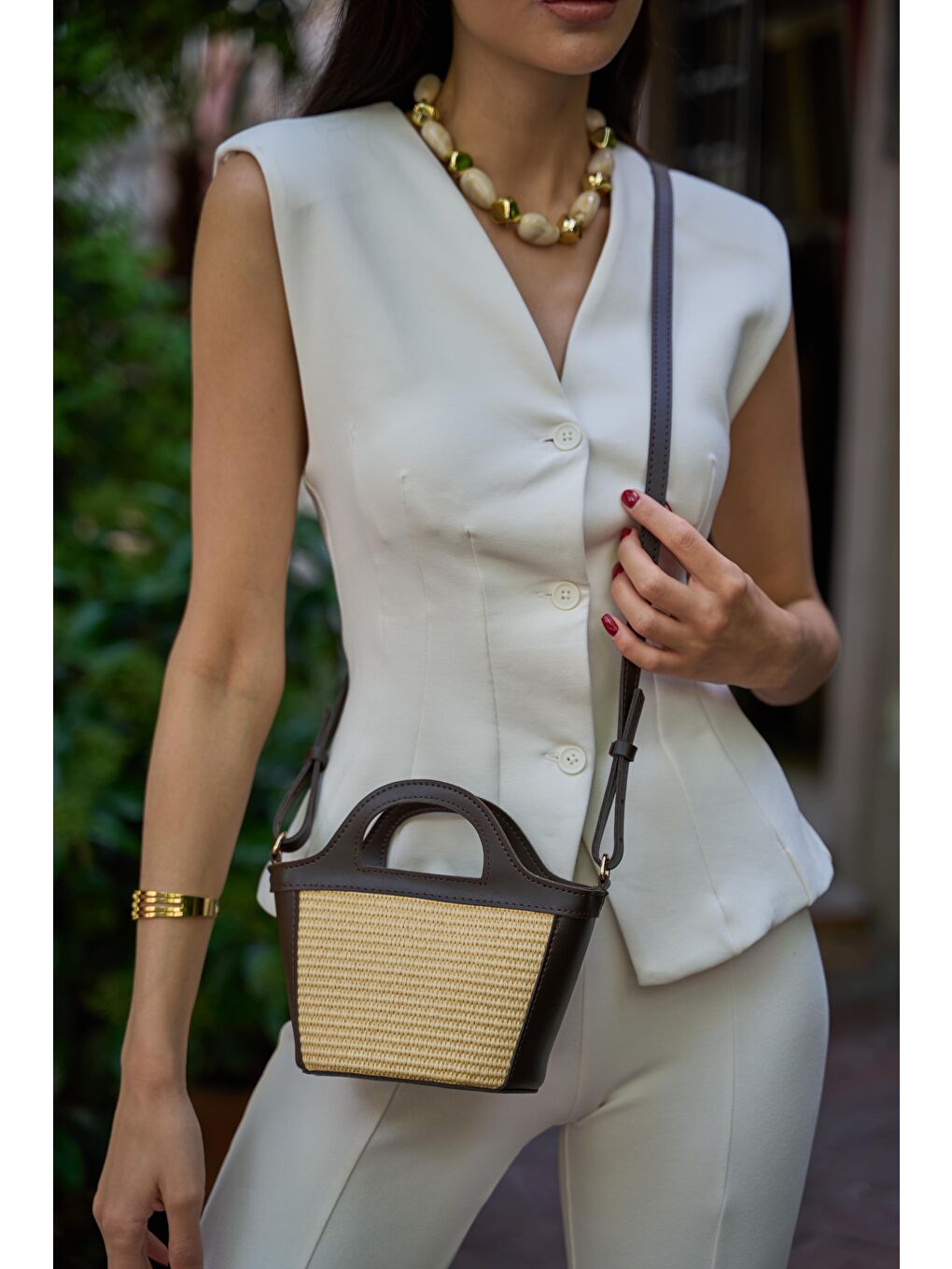 Mini Hasır Detaylı Çapraz Çanta Kahverengi Hasır-2