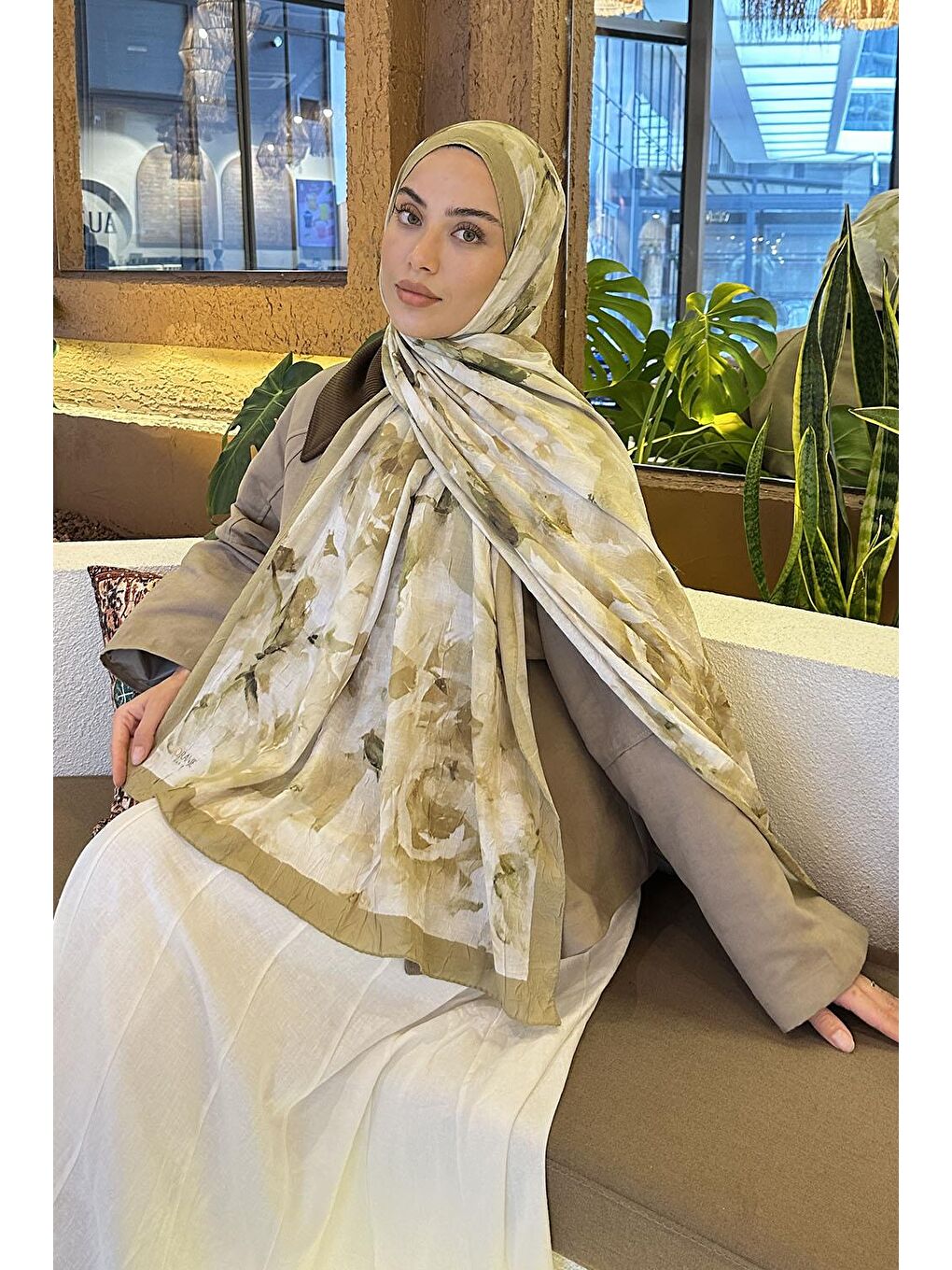 Gül Desen Bambu Şal Mint Yeşili-1