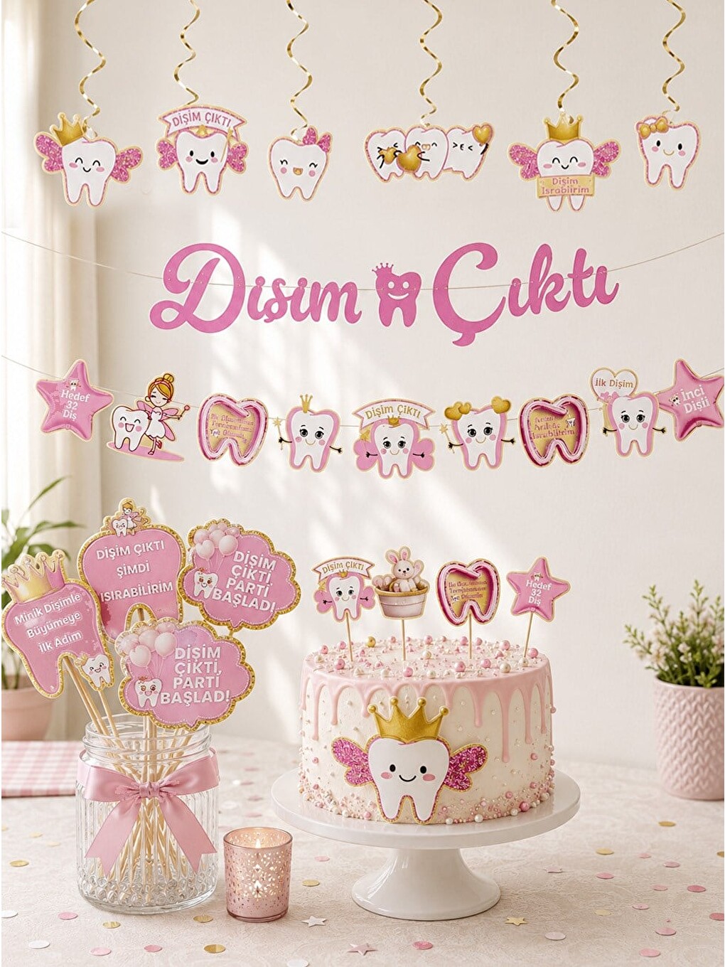 Dişim Çıktı Parti Seti Diş Buğdayı Partisi Süsleri Pembe Gold