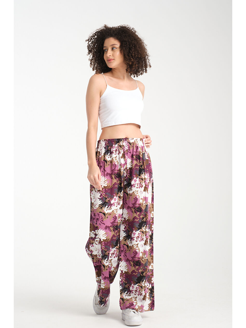 Mor Kadın Desenli Dökümlü Viskon Pantolon 1061-1