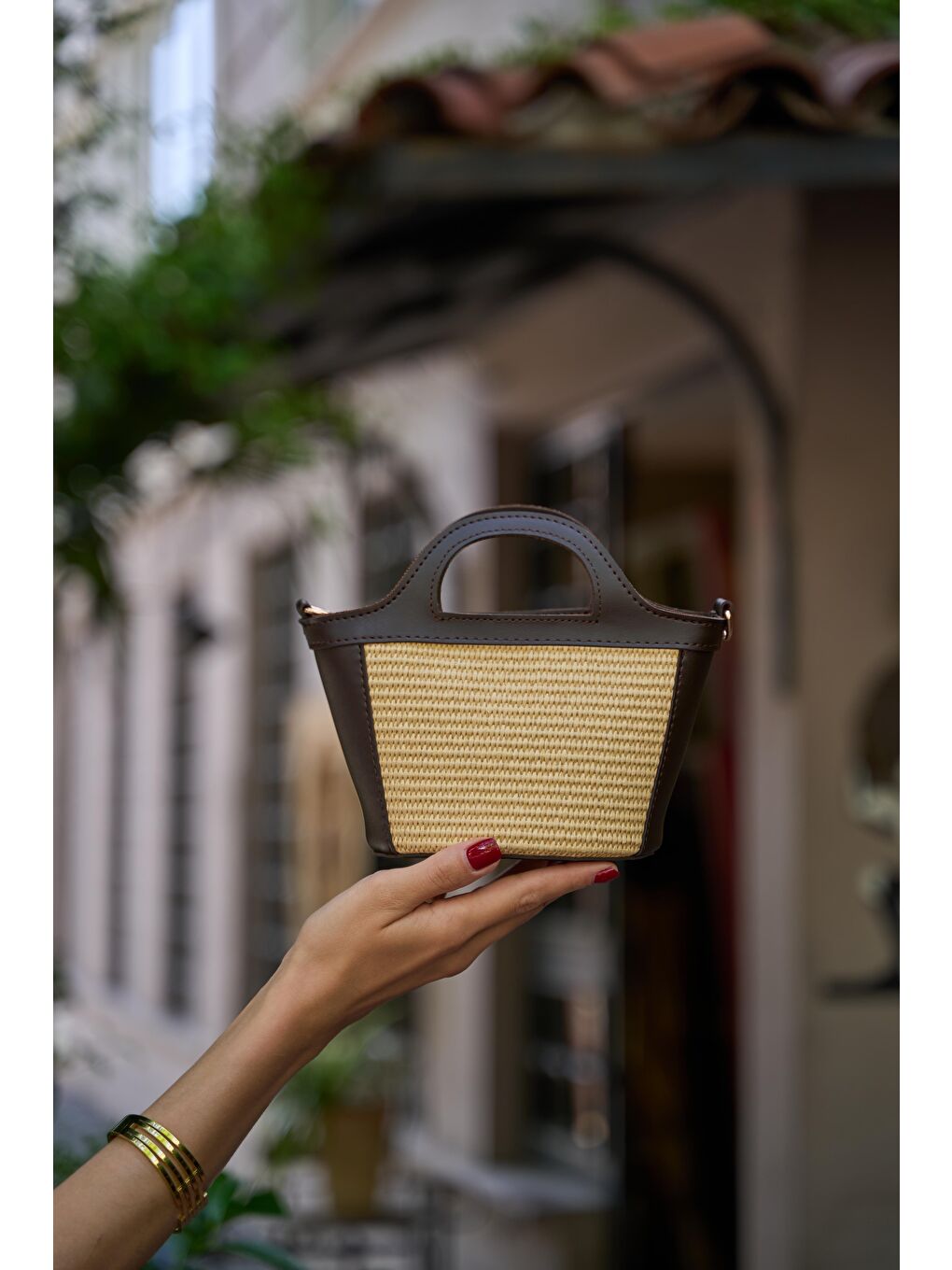 Mini Hasır Detaylı Çapraz Çanta Kahverengi Hasır-4