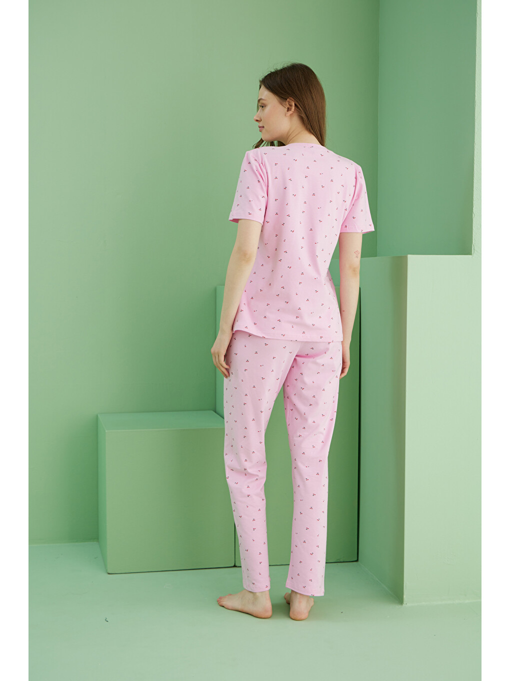 Pembe Desenli Pamuklu Bisiklet Yaka Örme Pijama Takım25117073-2