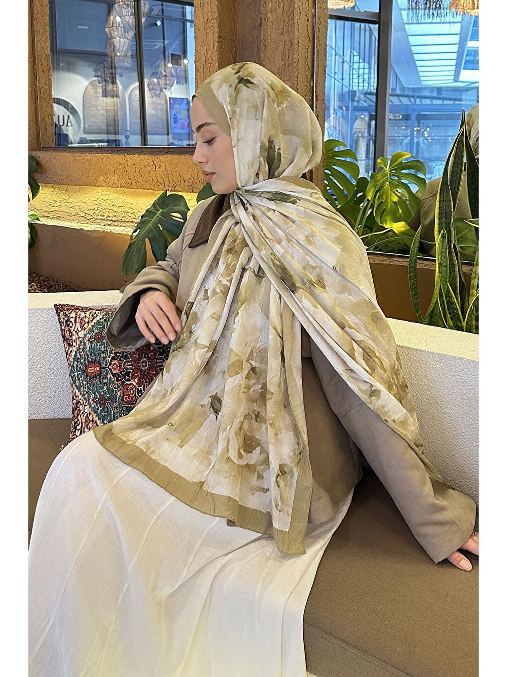 Gül Desen Bambu Şal Mint Yeşili-3