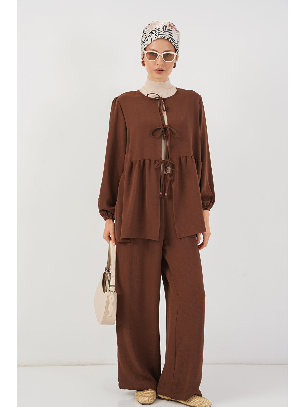 Kadın Önü Bağcıklı Tunik Pantolon İkili Takım 6744 - Kahverengi
