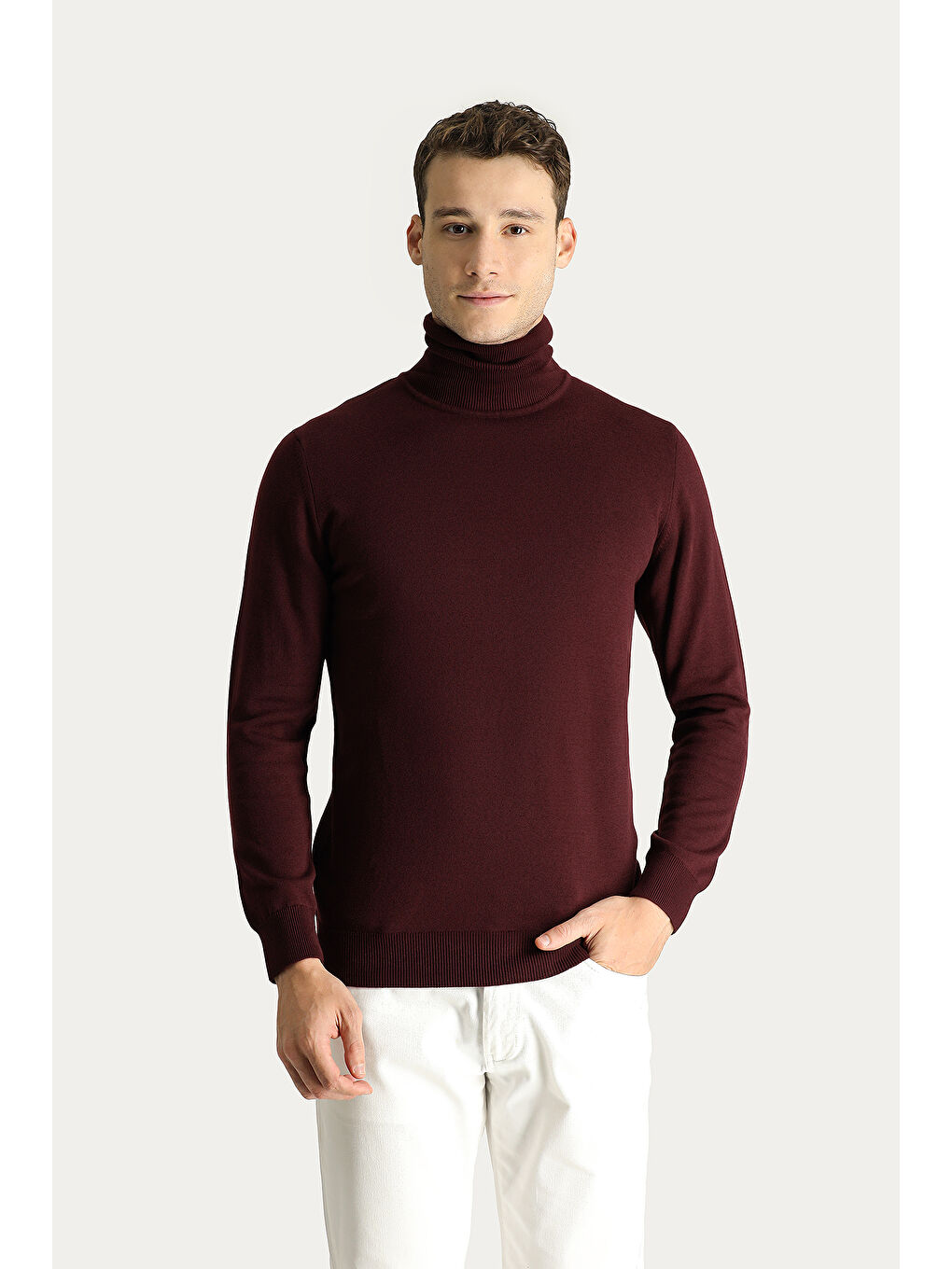 Bordo Balıkçı Yaka Regular Fit Pamuklu Triko Büyük Beden Kazak-1