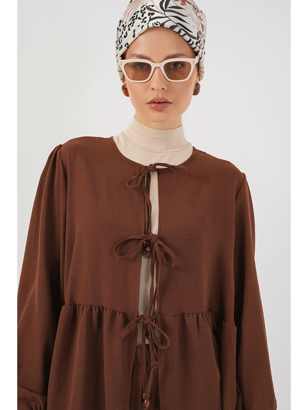 Kadın Önü Bağcıklı Tunik Pantolon İkili Takım 6744 - Kahverengi-1