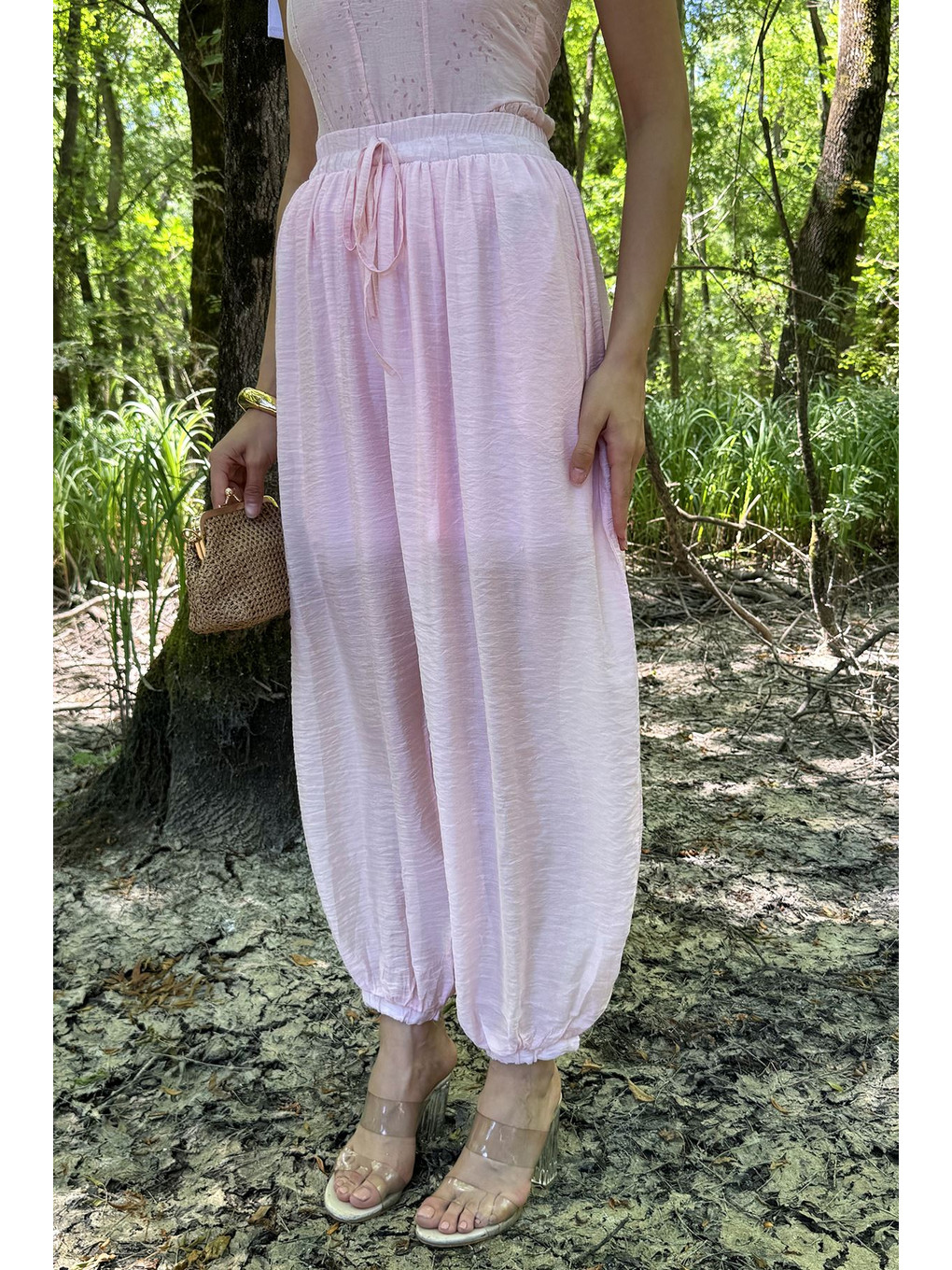Pembe Kadın Büzgülü Şalvar Pantolon-2