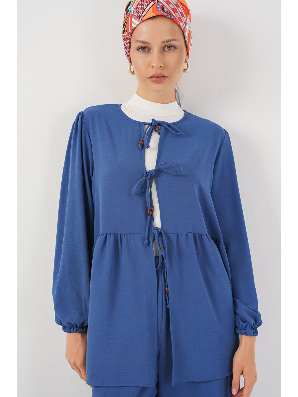 Kadın Önü Bağcıklı Tunik Pantolon İkili Takım 6744 - İndigo-1
