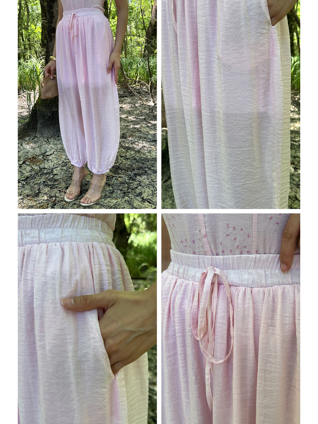Pembe Kadın Büzgülü Şalvar Pantolon-4