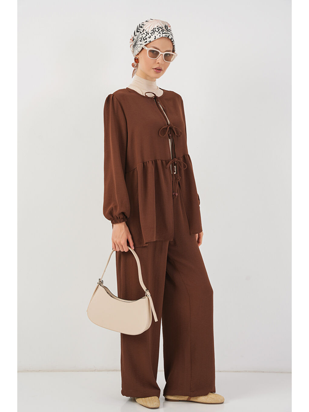 Kadın Önü Bağcıklı Tunik Pantolon İkili Takım 6744 - Kahverengi-2
