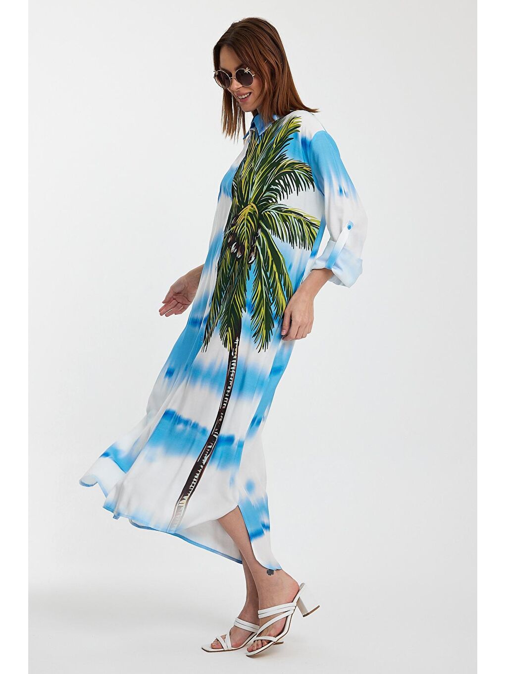 Mavi Kadın Desenli Elbise-3