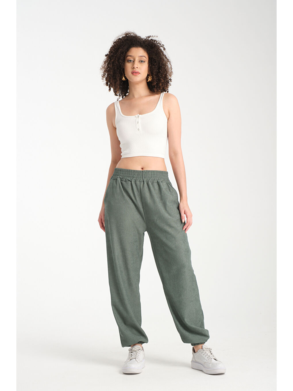 Yeşil Kadın Bel Ve Paça Lastikli Kadın Pantolon 1022-1