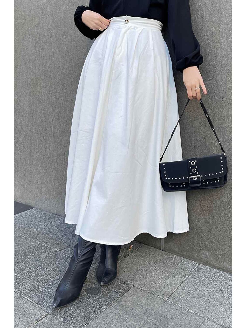 Cep Detaylı Kloş Keten Etek Beyaz-1