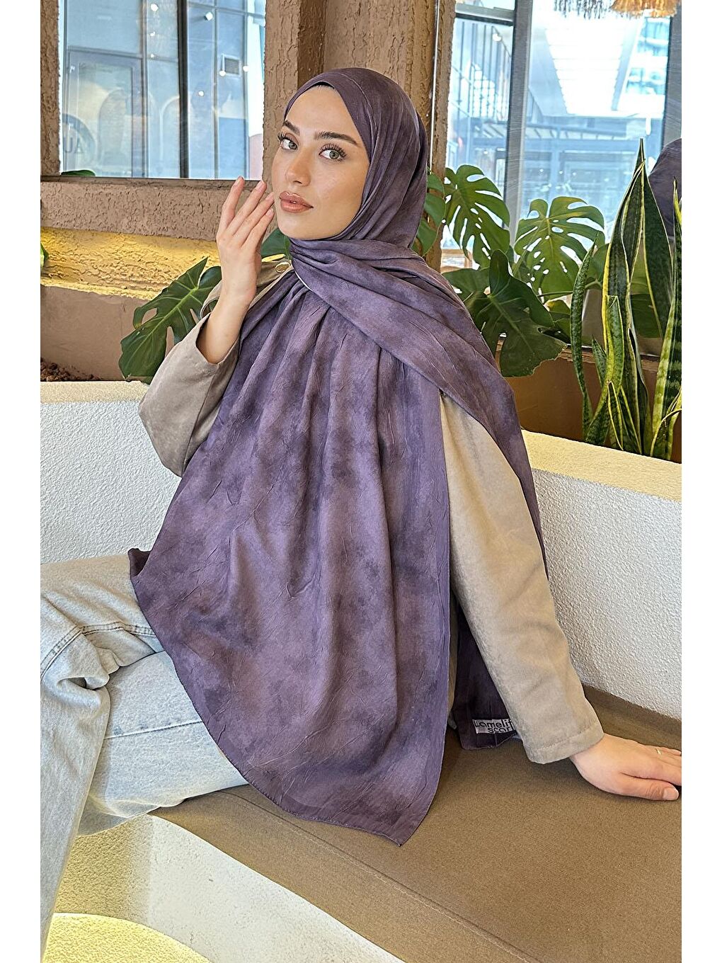 Mor Bulut Desen Bambu Şal Eflatun-1