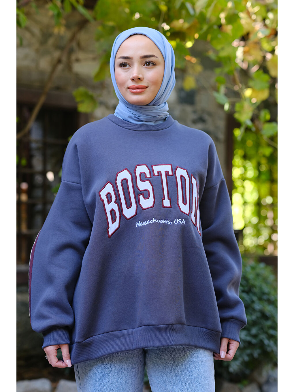 Locco Moda Gri Fermuar Detaylı Boston Nakışlı Sweat Füme