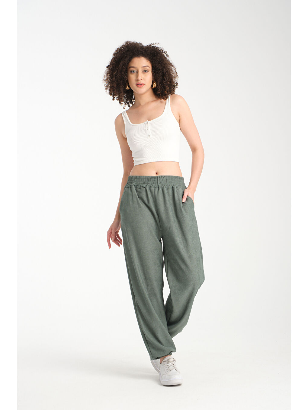 Yeşil Kadın Bel Ve Paça Lastikli Kadın Pantolon 1022-4