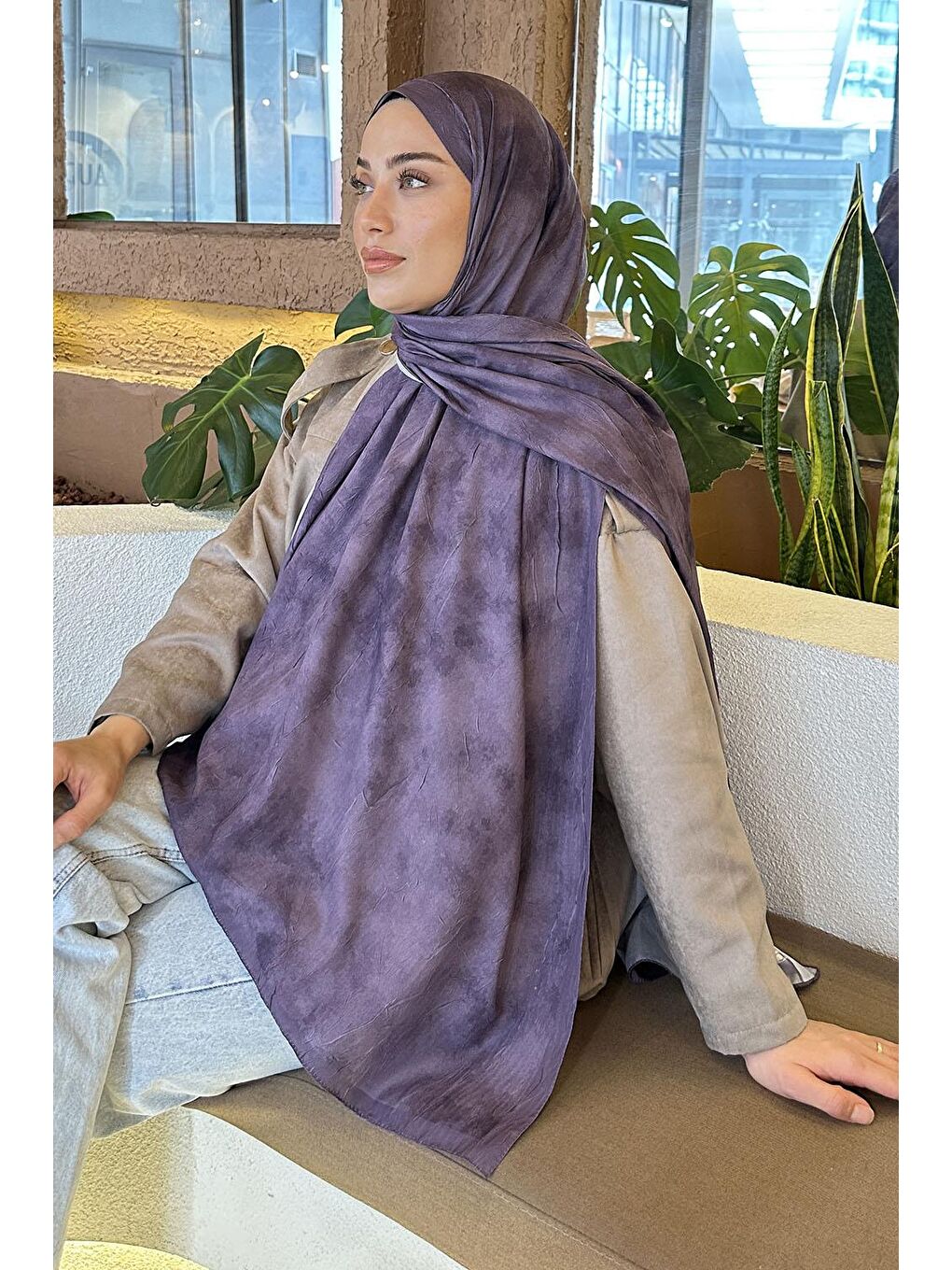 Mor Bulut Desen Bambu Şal Eflatun-2