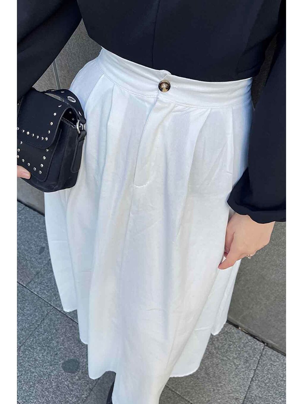 Cep Detaylı Kloş Keten Etek Beyaz-3