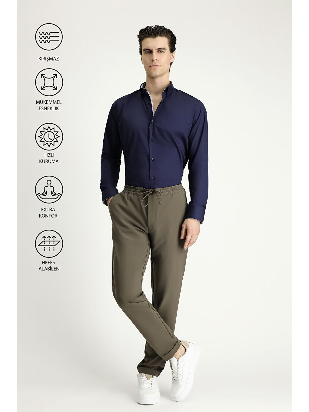 Haki Techno-Line Slim Fit Dar Kesim Beli Lastikli İpli Elastanlı Klasik Kumaş Pantolon