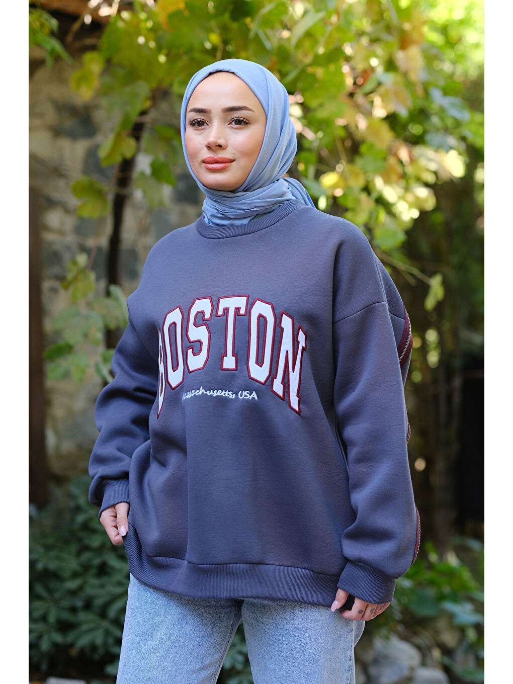 Locco Moda Gri Fermuar Detaylı Boston Nakışlı Sweat Füme - 2