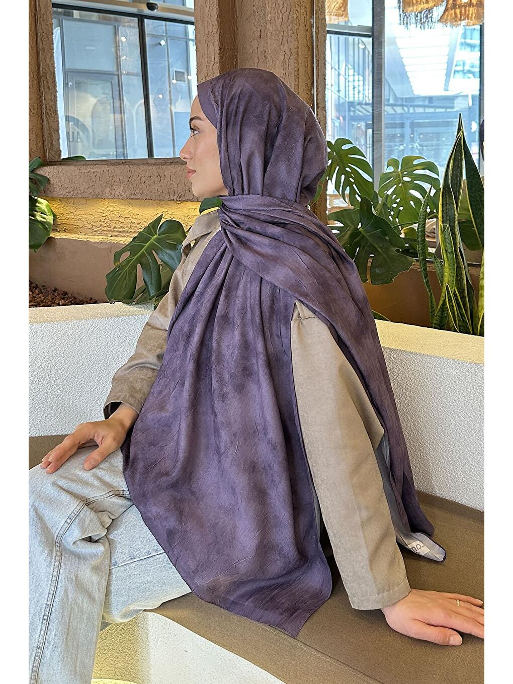 Mor Bulut Desen Bambu Şal Eflatun-3