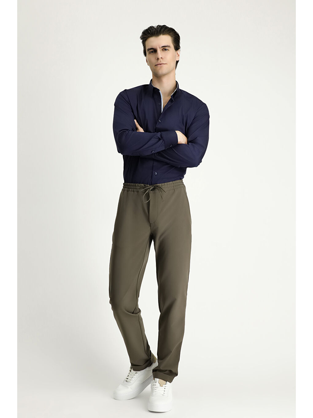 Haki Techno-Line Slim Fit Dar Kesim Beli Lastikli İpli Elastanlı Klasik Kumaş Pantolon-1