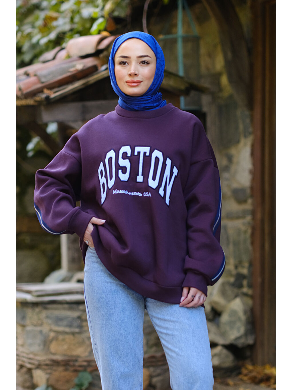 Locco Moda Fermuar Detaylı Boston Nakışlı Sweat Bordo