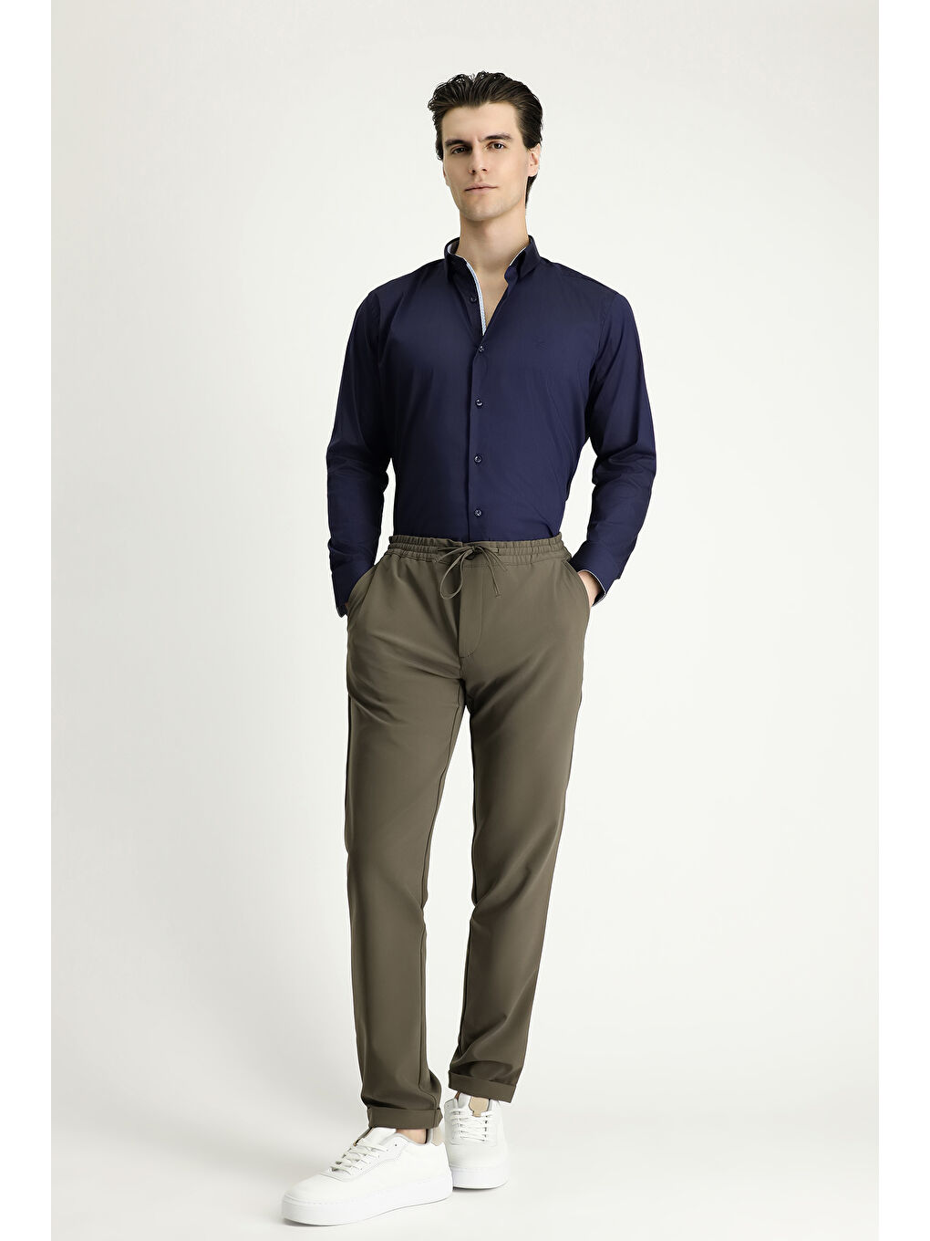 Haki Techno-Line Slim Fit Dar Kesim Beli Lastikli İpli Elastanlı Klasik Kumaş Pantolon-2