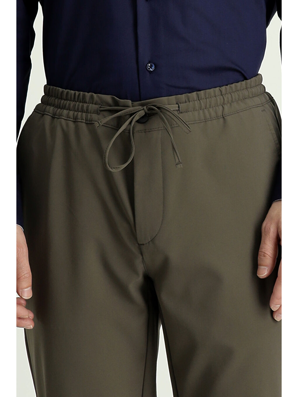 Haki Techno-Line Slim Fit Dar Kesim Beli Lastikli İpli Elastanlı Klasik Kumaş Pantolon-3