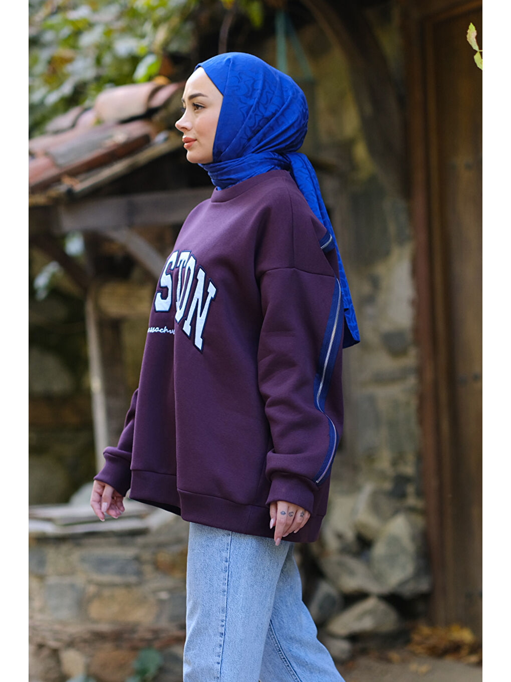 Locco Moda Fermuar Detaylı Boston Nakışlı Sweat Bordo - 1