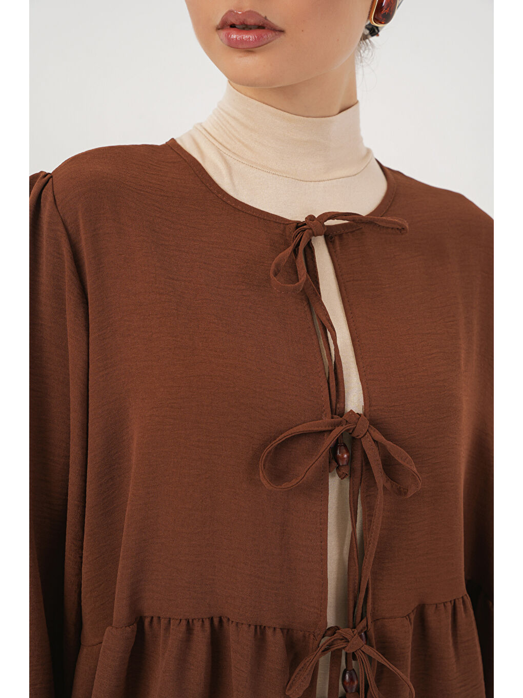 Kadın Önü Bağcıklı Tunik Pantolon İkili Takım 6744 - Kahverengi-3