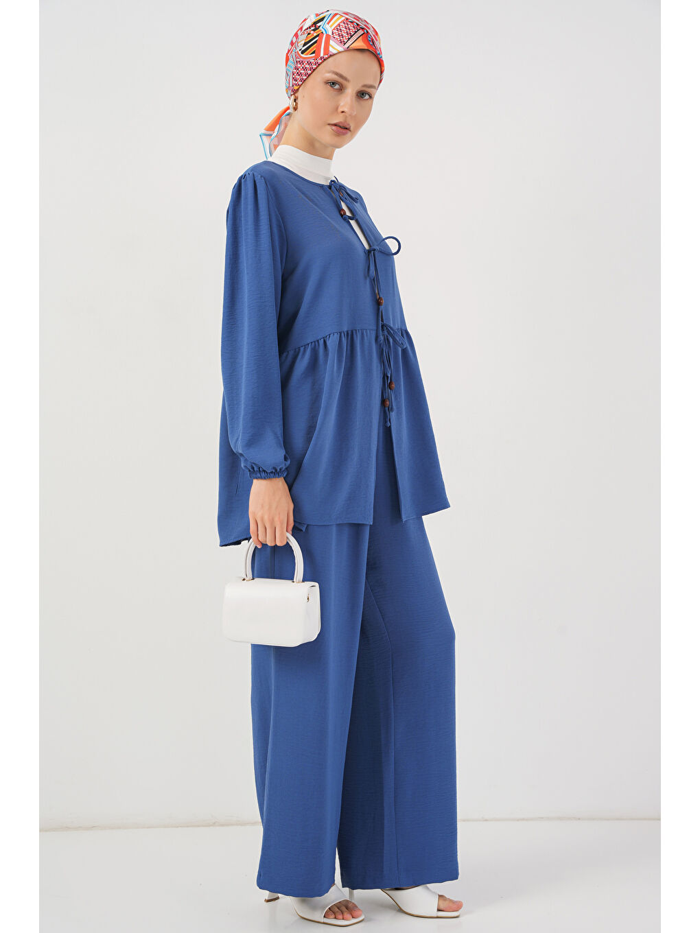 Kadın Önü Bağcıklı Tunik Pantolon İkili Takım 6744 - İndigo-2