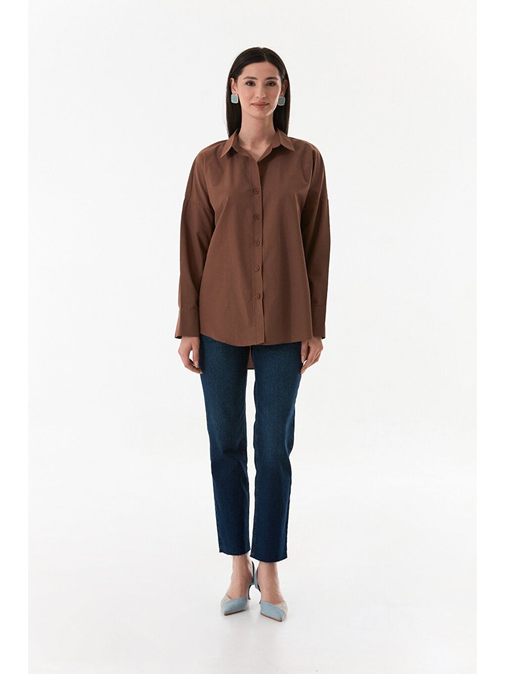 Kahverengi Basic Arkası Uzun Salaş Gömlek-1