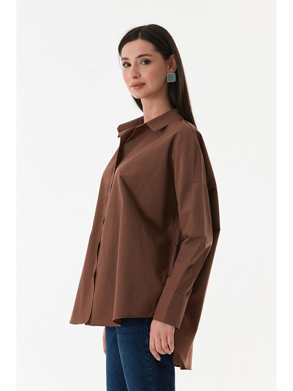 Kahverengi Basic Arkası Uzun Salaş Gömlek-2