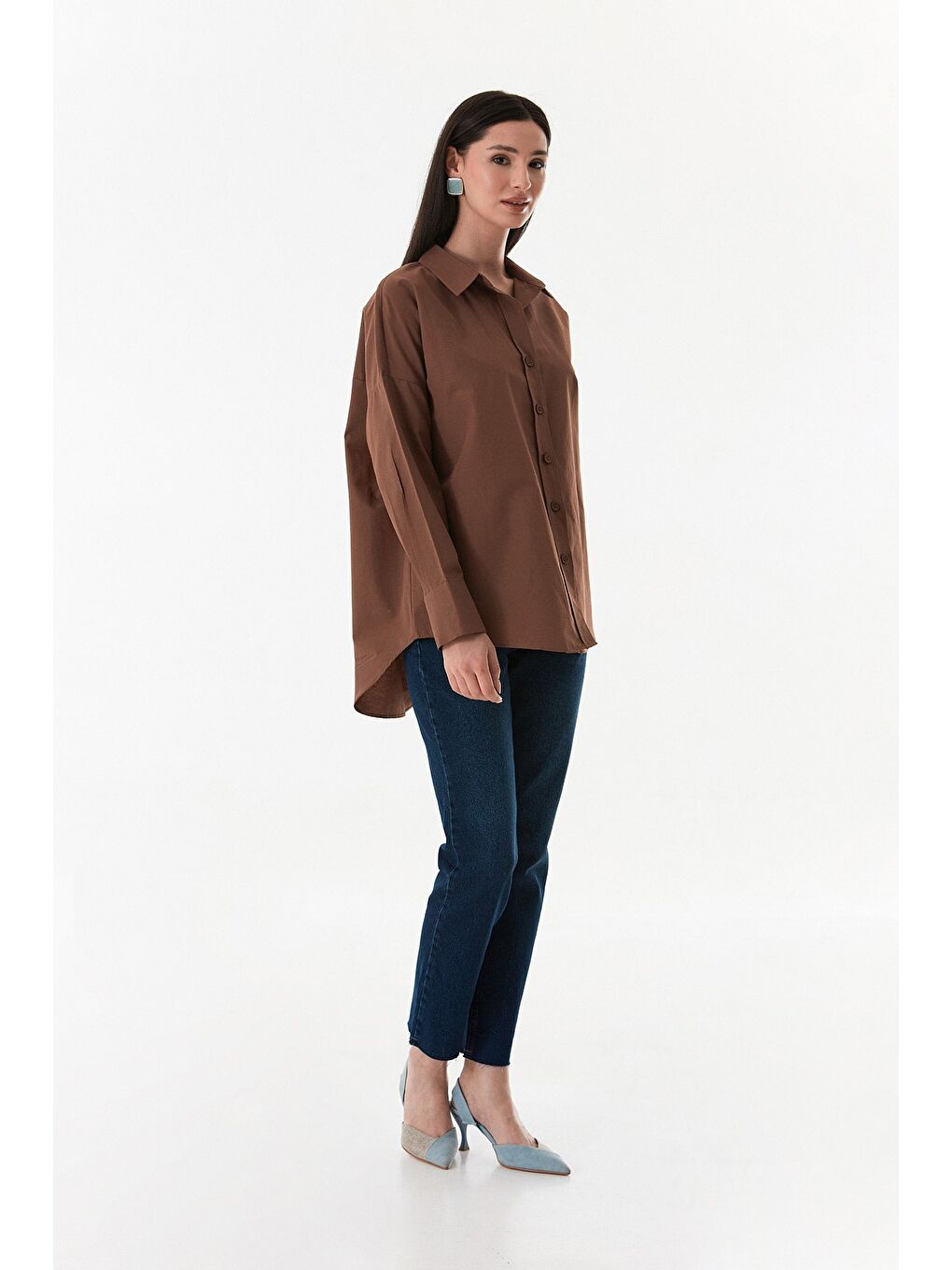 Kahverengi Basic Arkası Uzun Salaş Gömlek-3