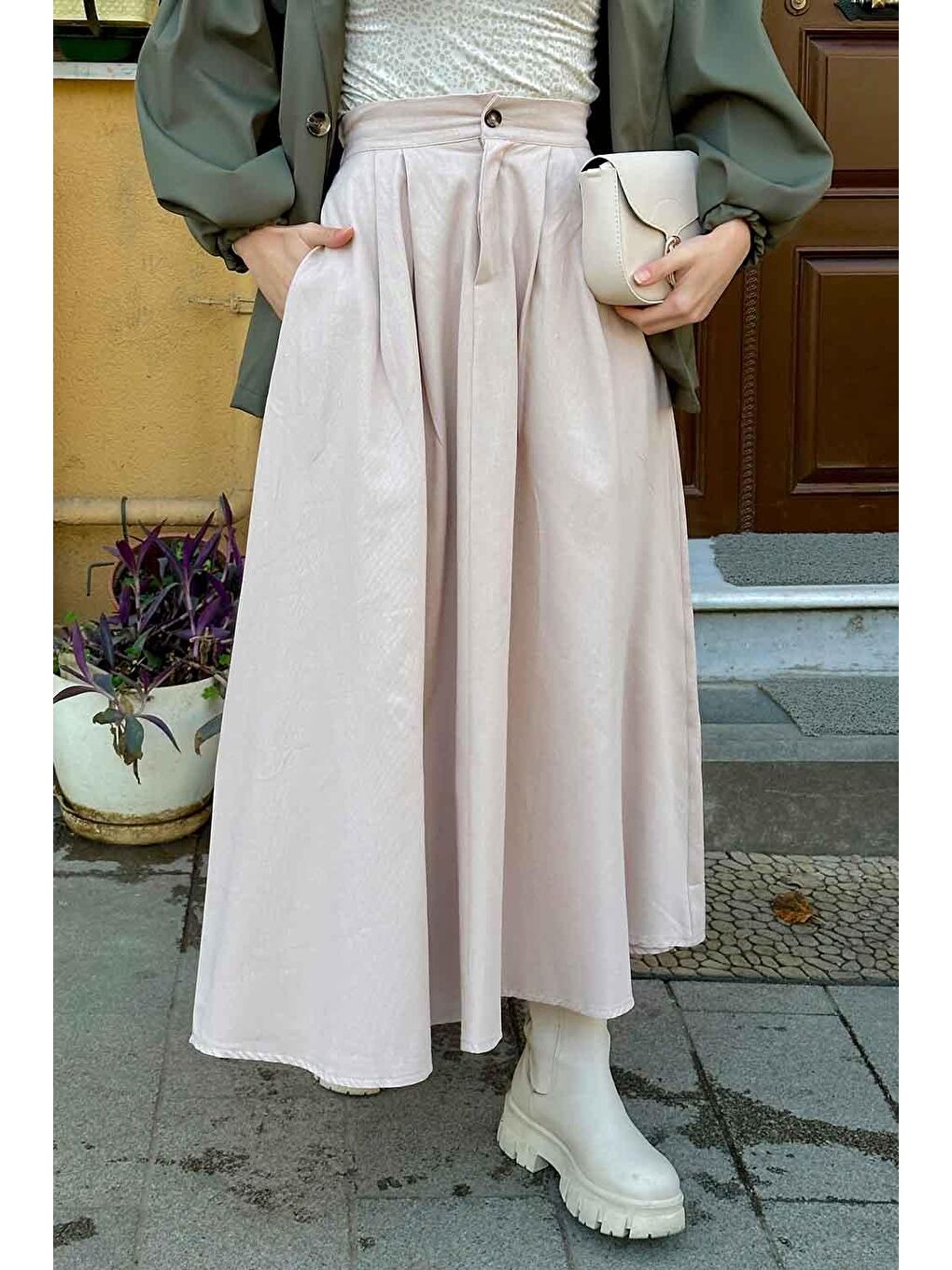 Bej Cep Detaylı Kloş Keten Etek Taş-1