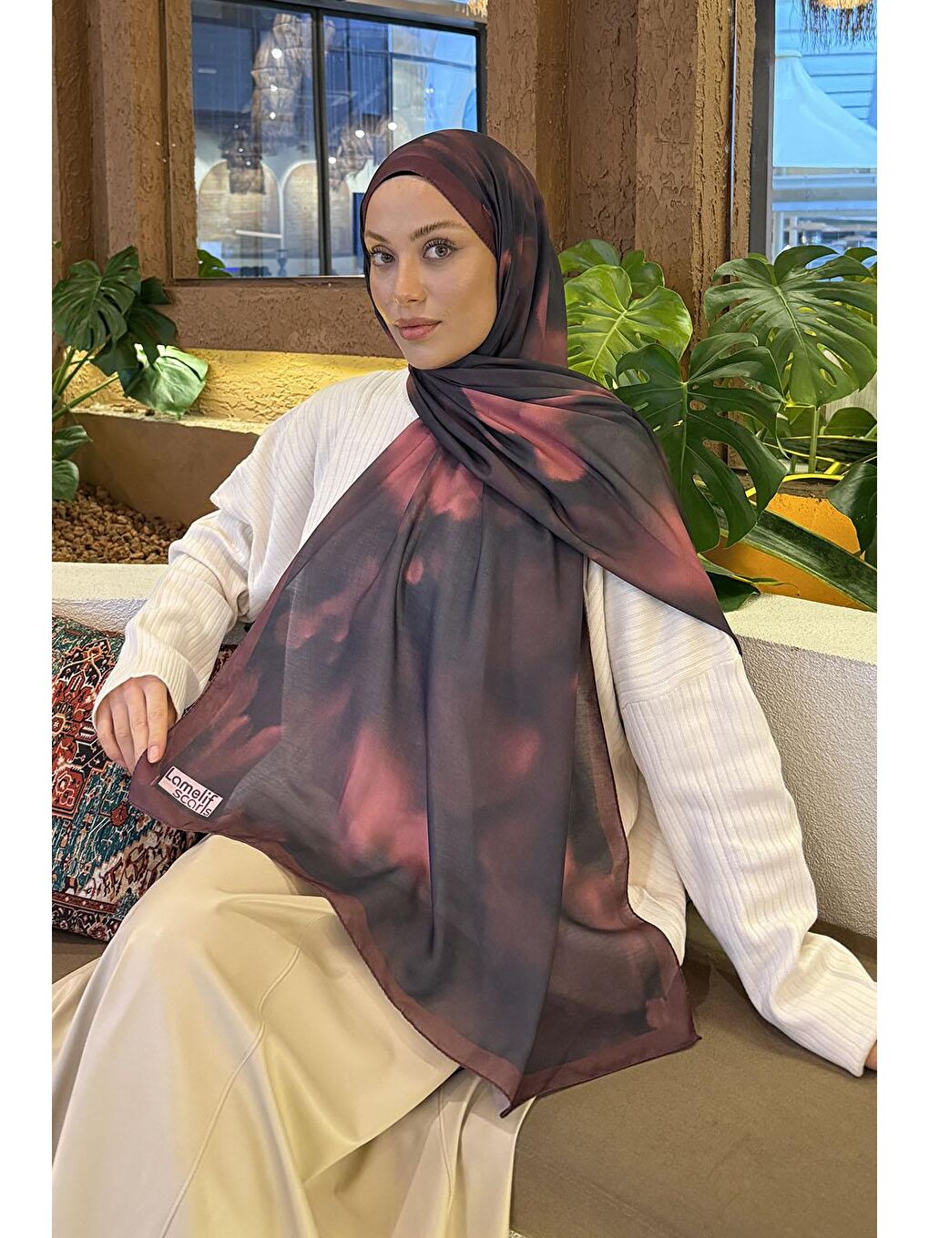 Batik Desen Soft Şal Koyu Bordo-1