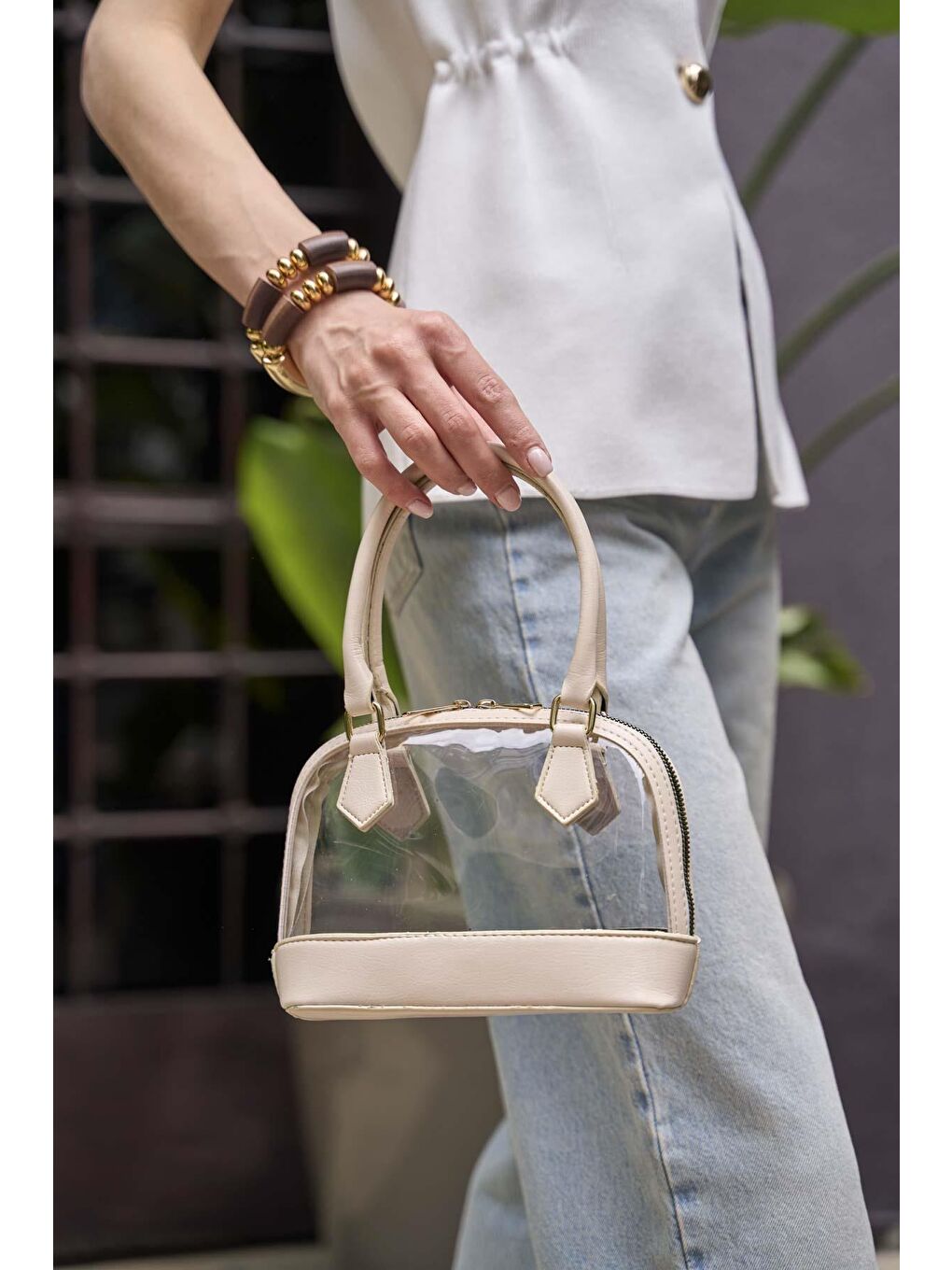 Ekru Şeffaf Mini El Ve Omuz  Çantası Krem-1