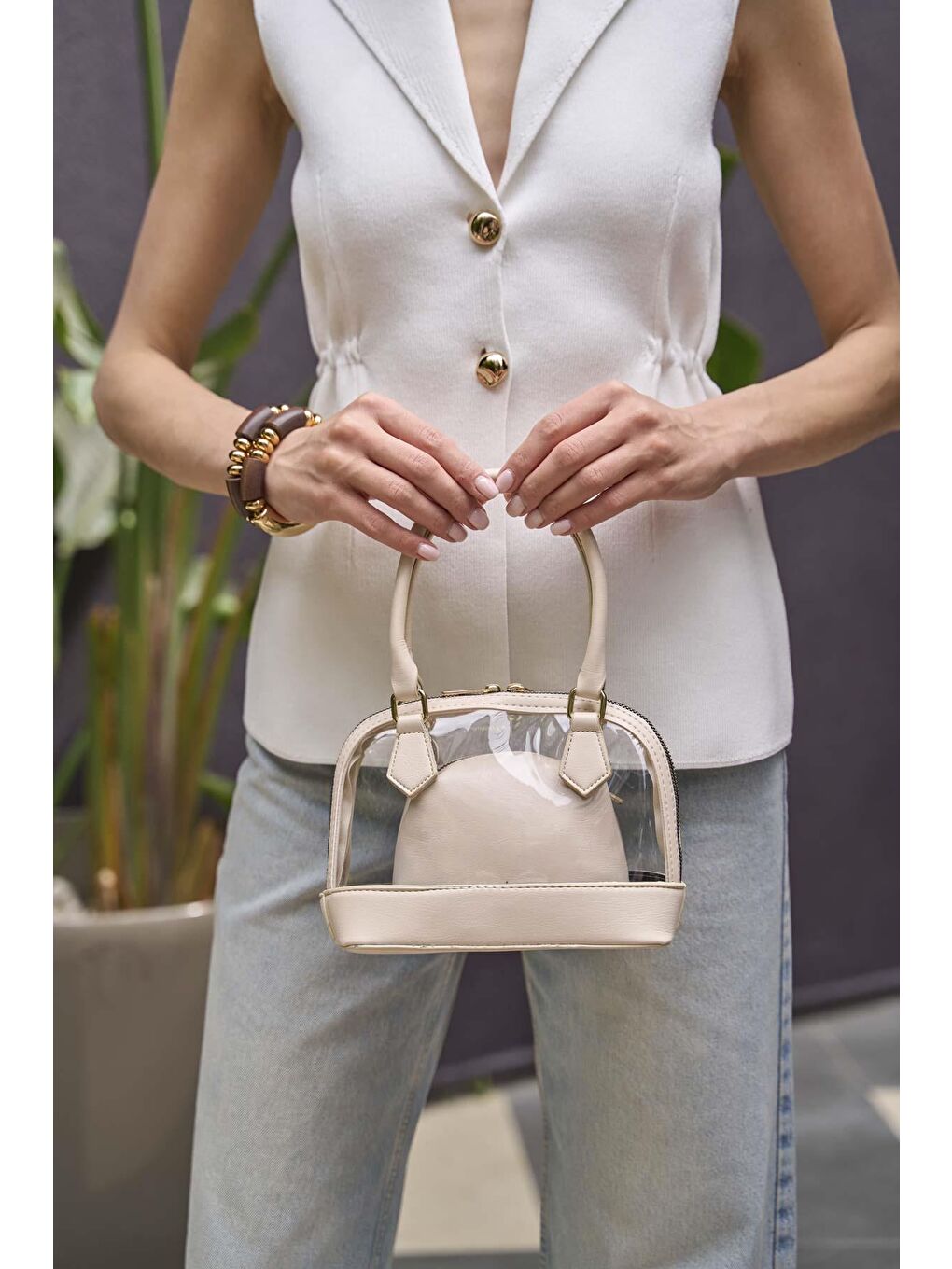 Ekru Şeffaf Mini El Ve Omuz  Çantası Krem-2