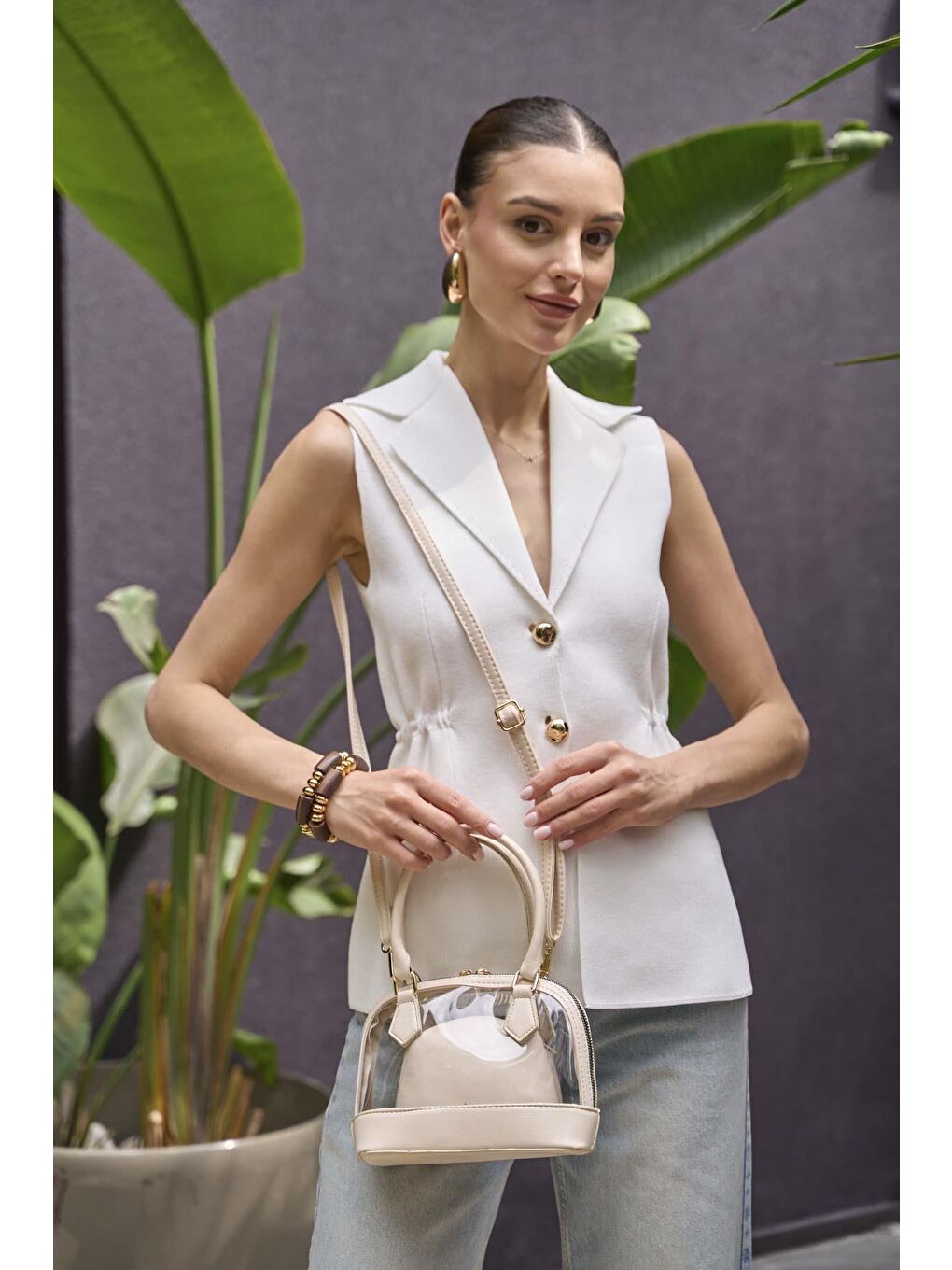 Ekru Şeffaf Mini El Ve Omuz  Çantası Krem-3