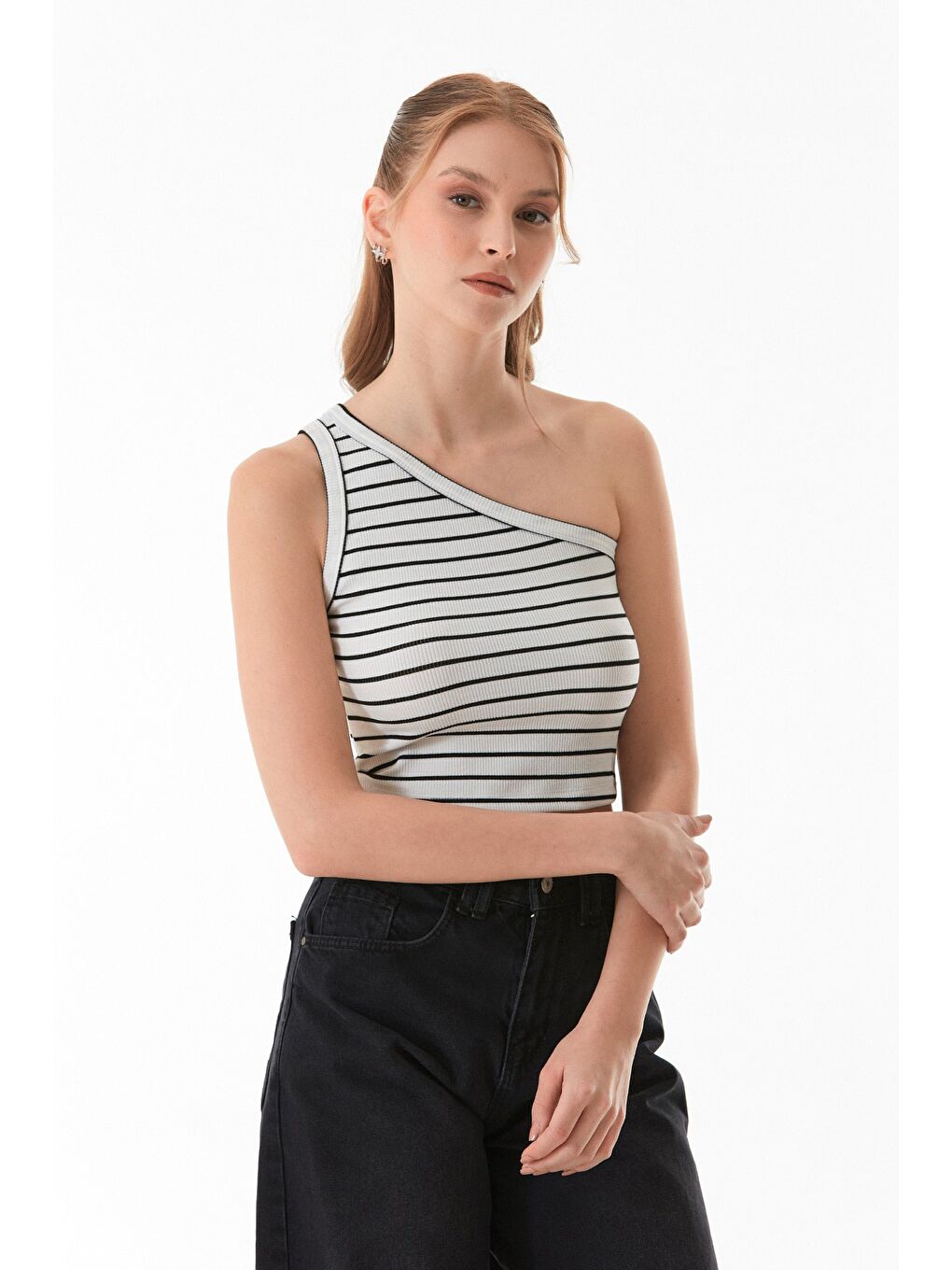 Beyaz Çizgili Tek Omuz Body-2