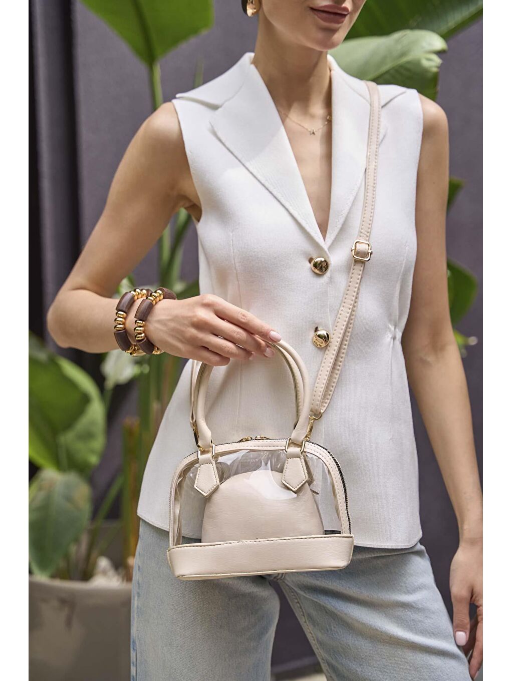 Ekru Şeffaf Mini El Ve Omuz  Çantası Krem-4