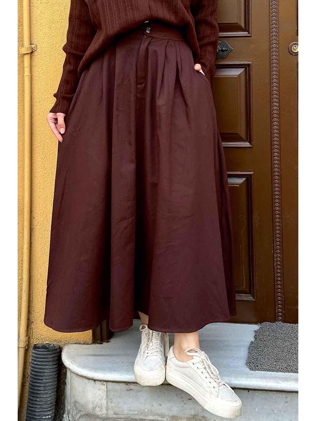 Cep Detaylı Kloş Keten Etek Acı Kahverengi-1