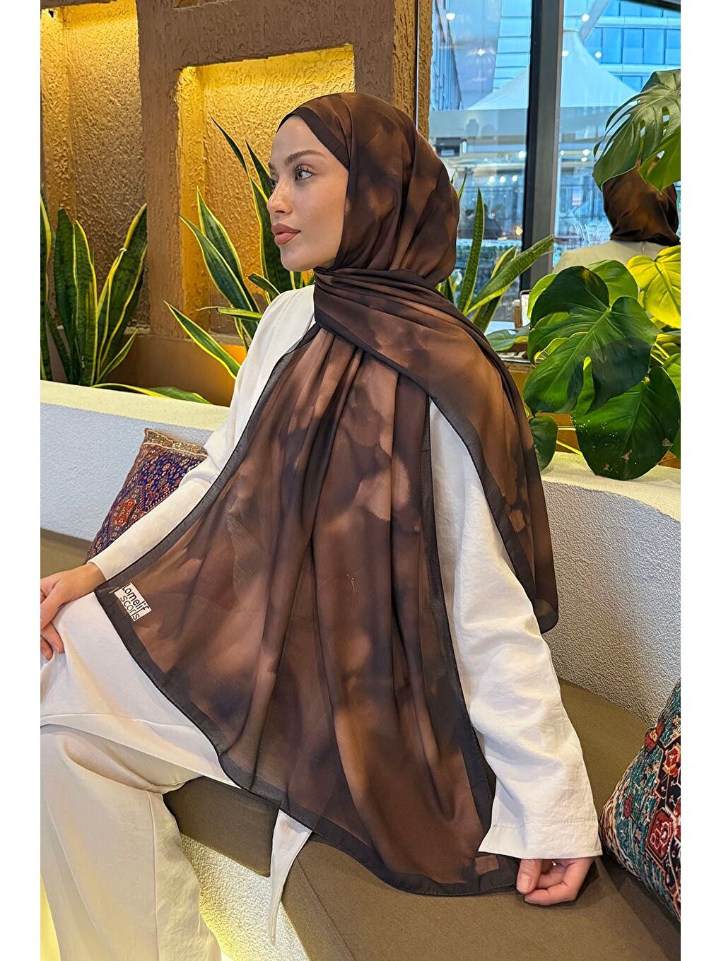 Kahverengi Batik Desen Soft Şal Camel-2