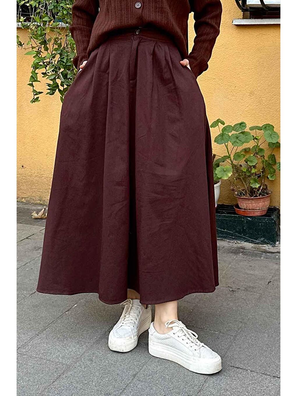 Cep Detaylı Kloş Keten Etek Acı Kahverengi-2