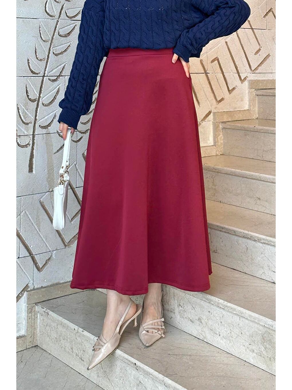 Scuba Kumaş Kloş Etek Bordo
