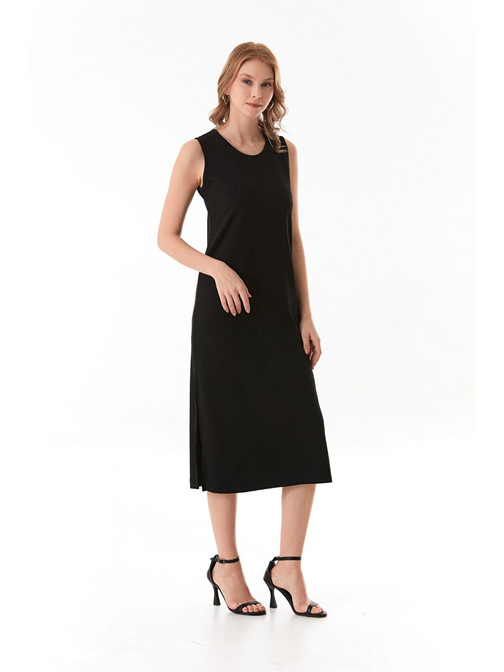 Siyah Basic Yırtmaçlı Modal Elbise-4